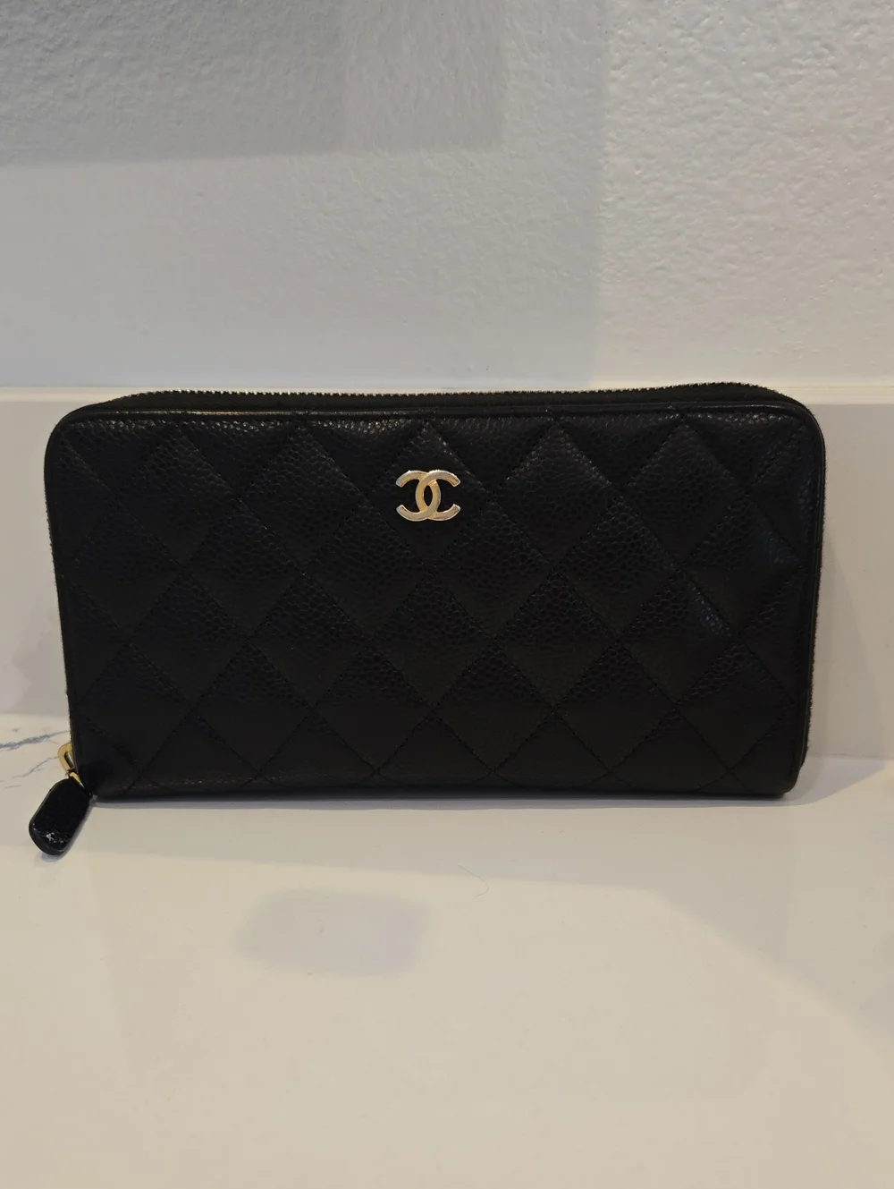 CHANEL Black Caviar Leather Quilted Zip-Around Wallet with CC Logo, GUC
